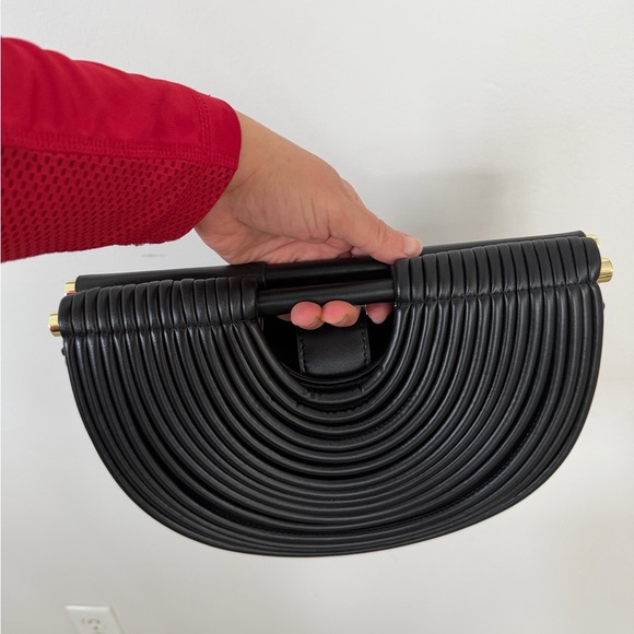 Handbags - Structured Black Semi-Circle Clutch with Top Handle